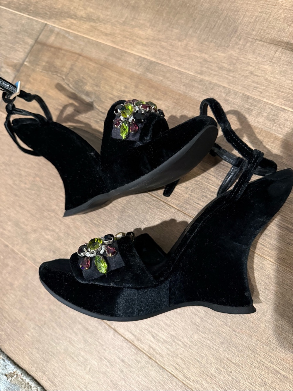 Prada Black Velvet Jeweled Wedge Sandals
